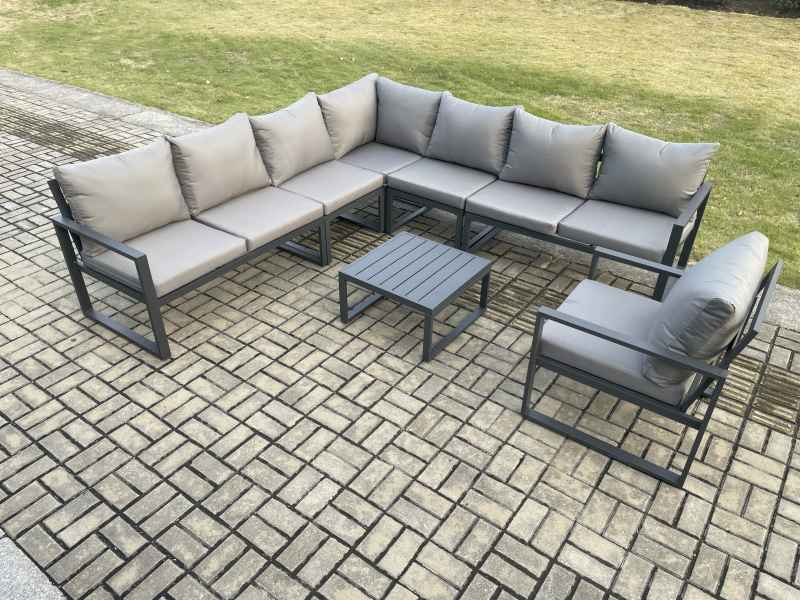 Fimous Outdoor Garden Furniture Patio Lounge Corner Sofa Aluminium Set with Square Coffee Table Chair Dark Grey