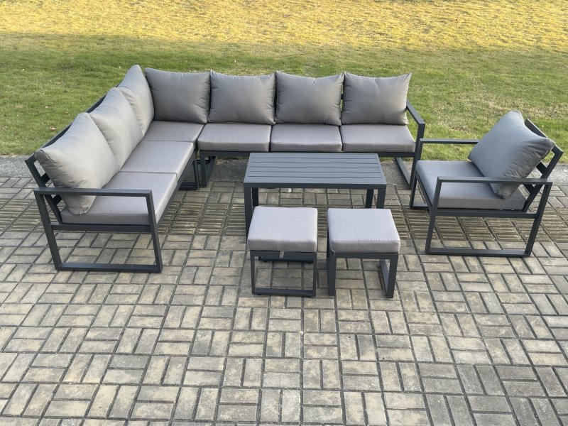 Fimous Aluminium Garden Furniture Set Outdoor Indoor Lounge Corner Sofa Chair Oblong Coffee Table Sets with 2 Small Footstools Dark Grey
