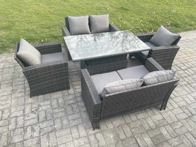 Fimous Rattan Garden Furniture Sets 6 Seater Patio Outdoor Rising Lifting Table Sofa Set with Double Seat Sofa Dark Grey Mixed