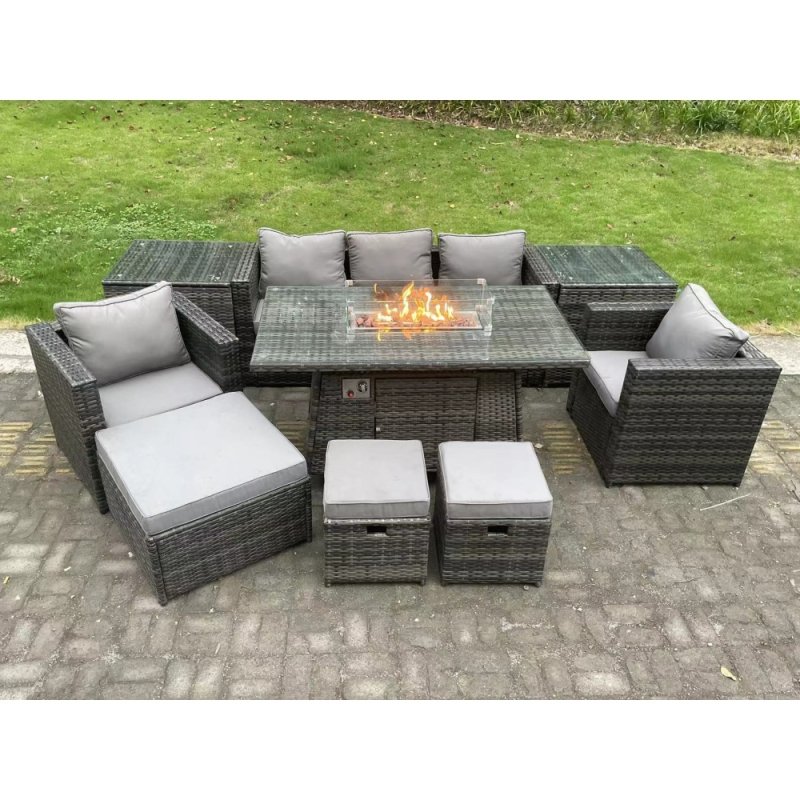 Fimous Wicker PE Rattan Garden Furniture Set Gas Fire Pit Dining Table Gas Heater Burner With 2 Armchairs 2 Side Tables Footstools 8 Seater Dark Grey Mixed