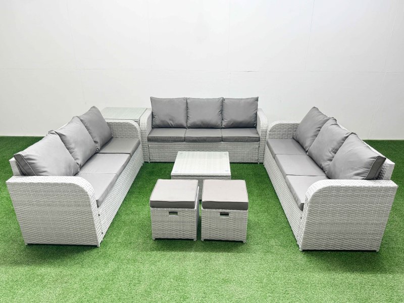 Fimous PE Rattan Lounge Sofa Set 11 Seater Outdoor Garden Furniture Set with Square Coffee Table 3 Seater Sofa 2 Stools Side Table Light Grey