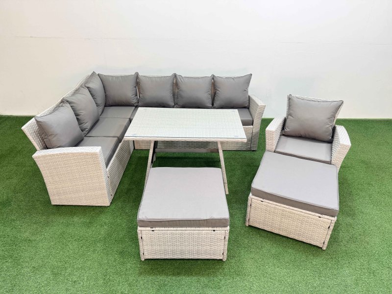 Fimous Garden Outdoor Rattan Furniture Set Rattan Corner Sofa Oblong Dining Table with Armchair 2 Big Footstools Light Grey Mixed 9 Seater