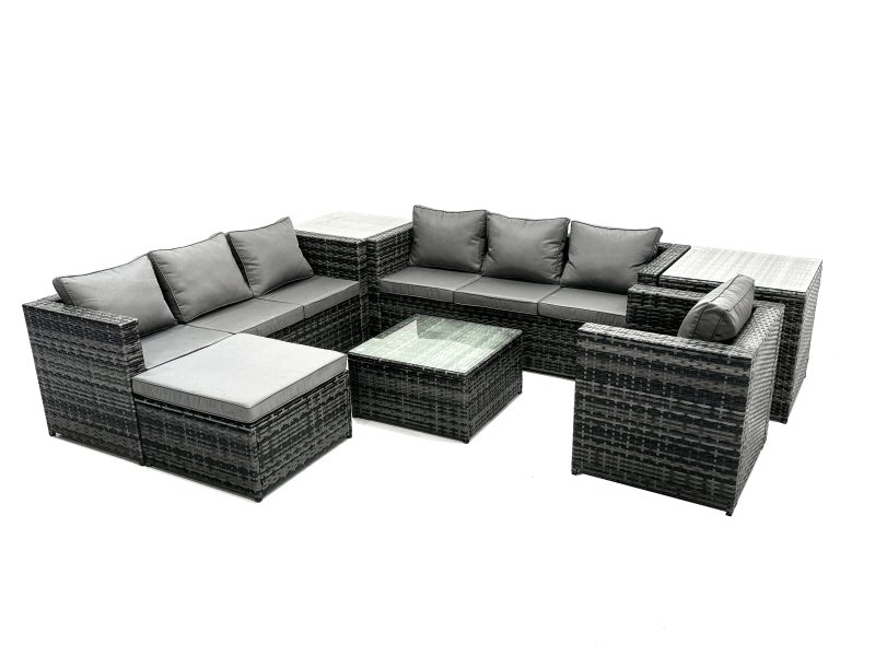 Fimous Rattan Garden Furniture Dining Set 8-seater Patio Coffee Table Sofa Set with 2 Side Tables Big Stool Dark Grey Mixed