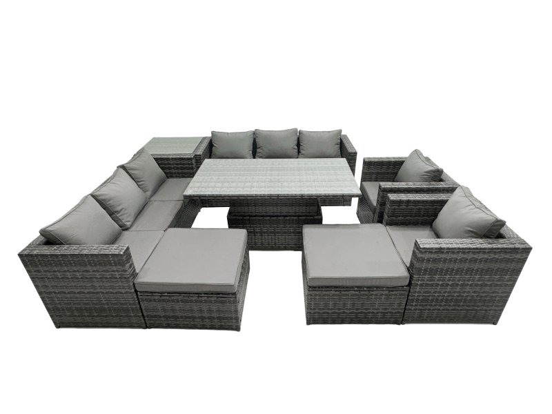 Fimous Rattan Dining Table Sofa Set with Side Table 2 Armchair 2 Stools Outdoor 10 Seat Garden Furniture Set Dark Grey Mixed