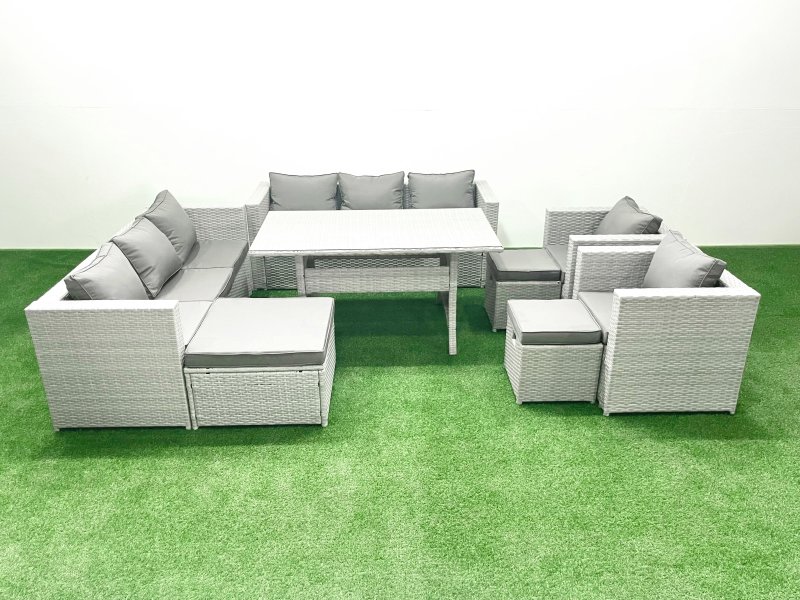 Fimous Rattan Garden Furniture Set Outdoor 8 Seater Patio Dinin g Sofa Sets with Dining Table 2 Chairs 3 Footstools Light Grey Mixed
