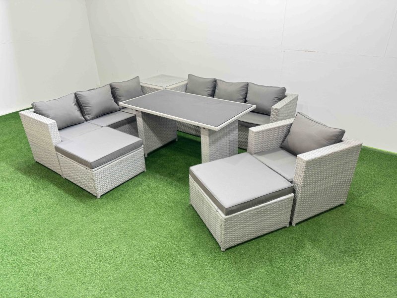 Fimous Patio Garden Furniture Sets with Black Glass Top Dining Table 3 Seater Sofa Armchair Side Table 2 Big Stool Light Grey