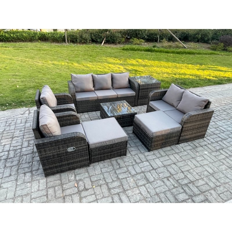Fimous Rattan Garden Furniture 8 Piece Patio Set Table Sofa Chairs With 2 Big Footstool Side Table