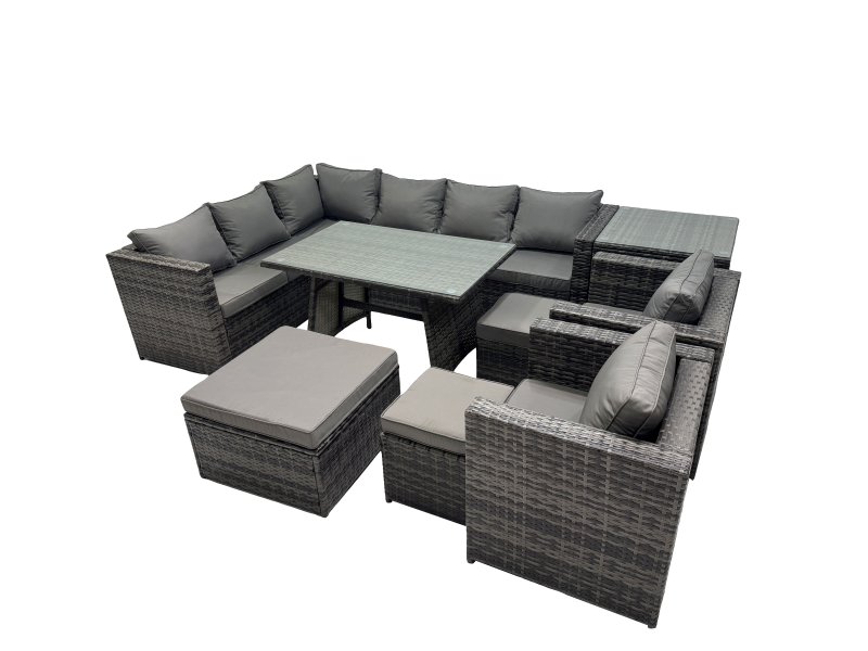Fimous 11-seater Outdoor PE Rattan Sofa Set with Dining Table Patio Garden Furniture Sets with 2 Chair 3 Stools Side Table Dark Grey Mixed