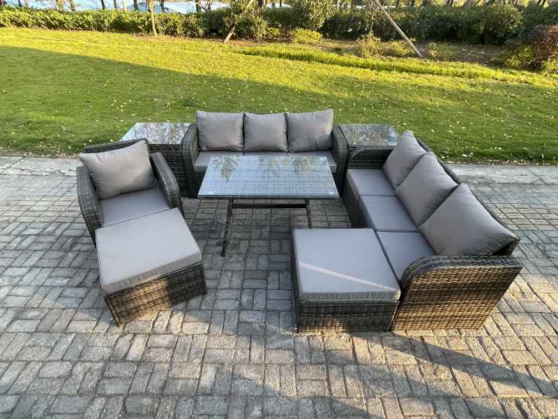 Fimous Wicker 8 Pieces Rattan Garden Furniture Sofa Set with Rectangular Dining Table Armchair 2 Big Footstool 2 Side Table Dark Grey Mixed