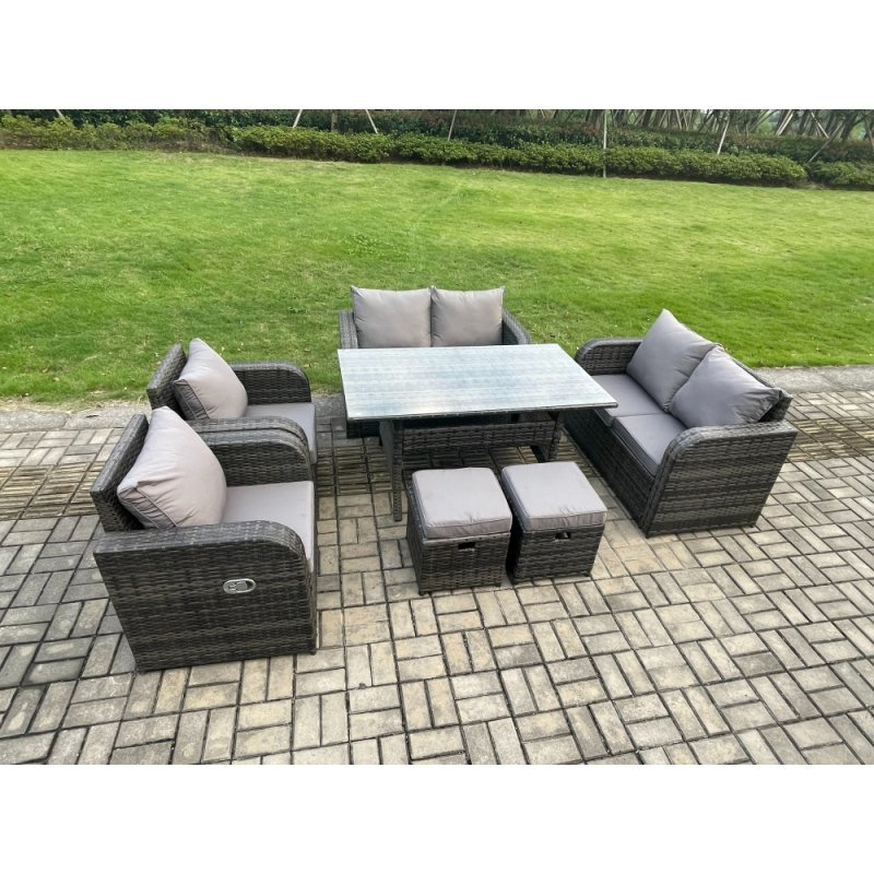 Fimous 8 Seater Lounge Rattan Sofa Set Outdoor Garden Furniture Oblong Rectangular Dining Table With Chairs 2 Small Footstools Dark Grey Mixed