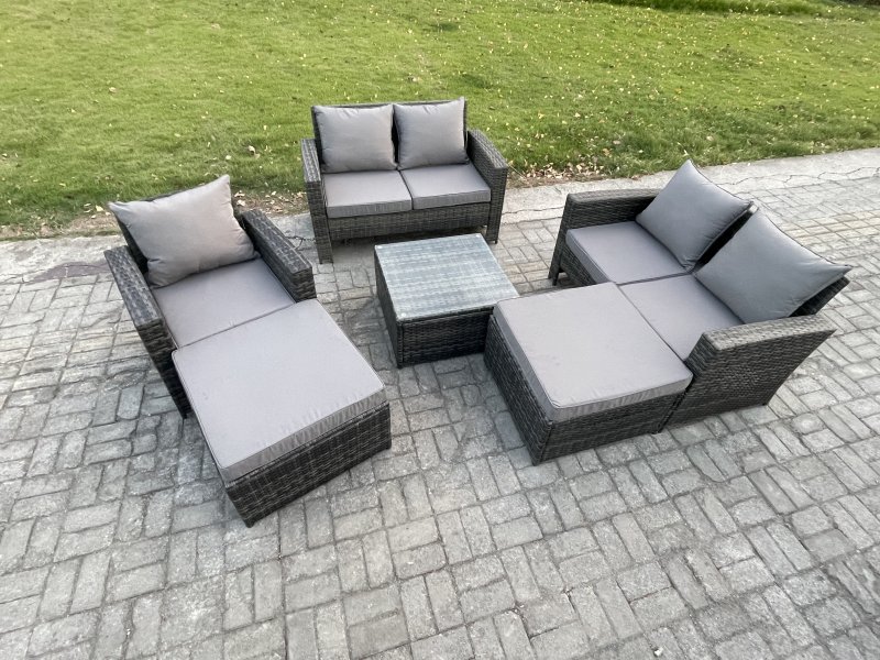 Fimous 7 Seater Rattan Outdoor Garden Furniture Sofa Set Table & Chairs with 2 Big Footstool Dark Grey Mixed