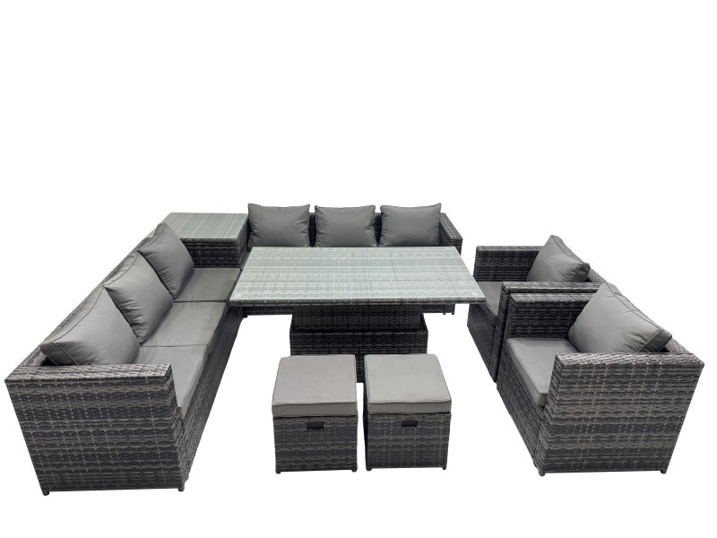 Fimous 10 Seater Outdoor Corner Sofa Height Adjustable Rising Lifting Table Set Garden Rattan Furniture Set with Side Table 2 Small Stools Dark Grey