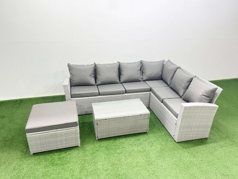 Fimous Garden Outdoor PE Rattan Furniture Set 7 Seater Rattan Garden Sofa Set with Oblong Coffee Table Light Grey Mixed