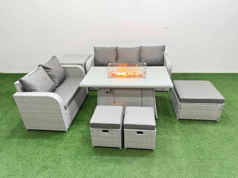 Fimous 8 Seater PE Rattan Wicker Garden Furniture Patio Conservatory Sofa Set with Firepit Dining Table 3 Seater Sofa Love Sofa 3 Stool Side Table