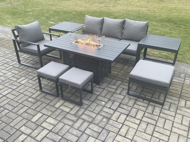 Fimous Aluminium 8 Pieces Garden Furniture Sofa Set with Cushions Gas Fire Pit Dining Table Set with 3 Footstools 2 Side Tables Dark Grey