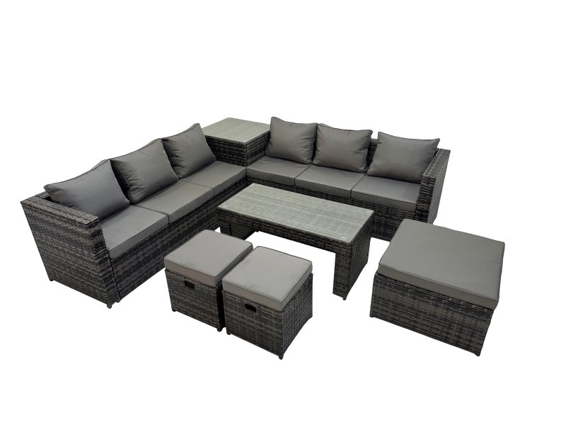 Fimous Garden Rattan Outdoor Furniture Set 9 Seater Patio Corner Sofa Oblong Coffee Table with 3 Stool Side Table Dark Grey