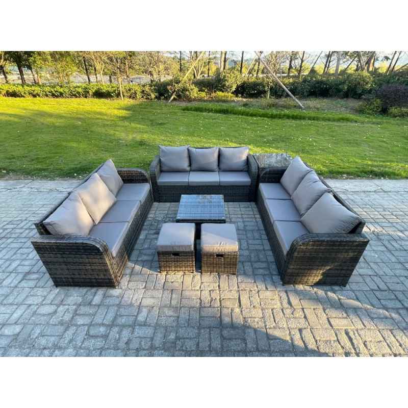 Fimous Rattan Outdoor Furniture Set Patio Garden Sofa Set with Side Table Square Coffee Table 3 Seater Sofa Dark Grey Mixed