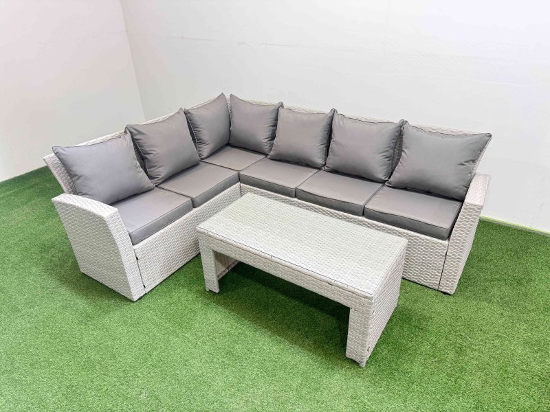 Fimous Rattan Garden Furniture Set Outdoor 6 Seater Corner Sofa Sets with Oblong Coffee Table Light Grey Mixed