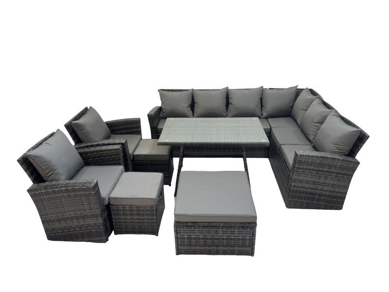 Fimous 11 Seater Garden Outdoor Rattan Furniture Set Rattan Corner Sofa Oblong Dining Table with 2 Armchairs 3 Footstools Dark Grey