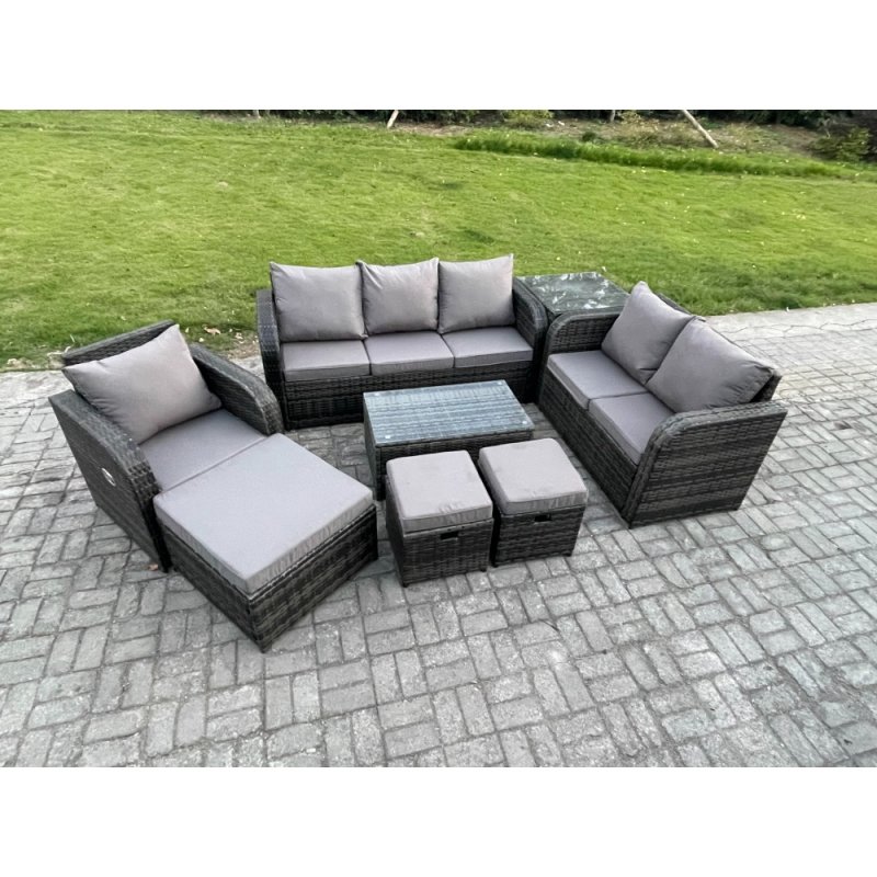 Fimous Outdoor Garden Furniture Sets 8 Pieces Wicker Rattan Furniture Sofa Sets with Rectangular Coffee Table Loveseat Sofa 3 Footstools Side Table