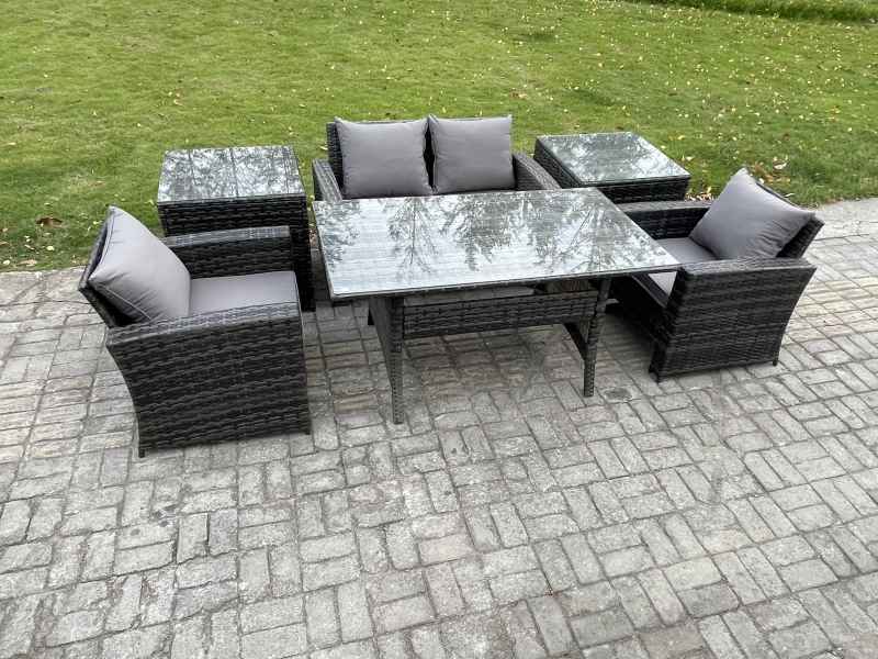 Fimous PE Wicker Outdoor Garden Furniture Set Patio Furniture Rattan Rectangular Dining Table Lounge Sofa with 2 Side Tables
