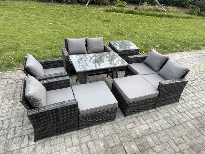Fimous Garden Furniture Sets 8 Pieces Wicker Rattan Furniture Manual Wicker Patio Sofa Patio Conversation Set with 2 Big Footstool Side Table Dark Grey Mixed