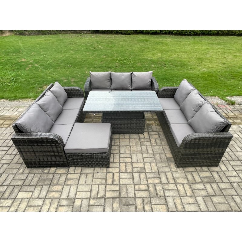 Fimous Patio Garden Dining Set Outdoor Rattan Furniture Lounge Sofa Height Adjustable Rising lifting Table With Big Footstool Dark Grey Mixed