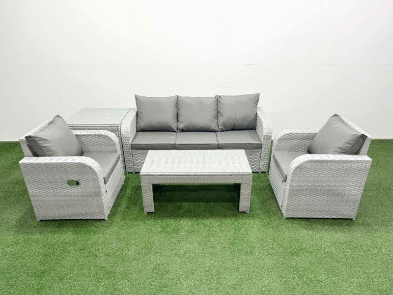 Fimous PE Rattan Garden Furniture Set Reclining Chair Sofa Lounge Sofa Set Rectangular Coffee Table Side Table Light Grey