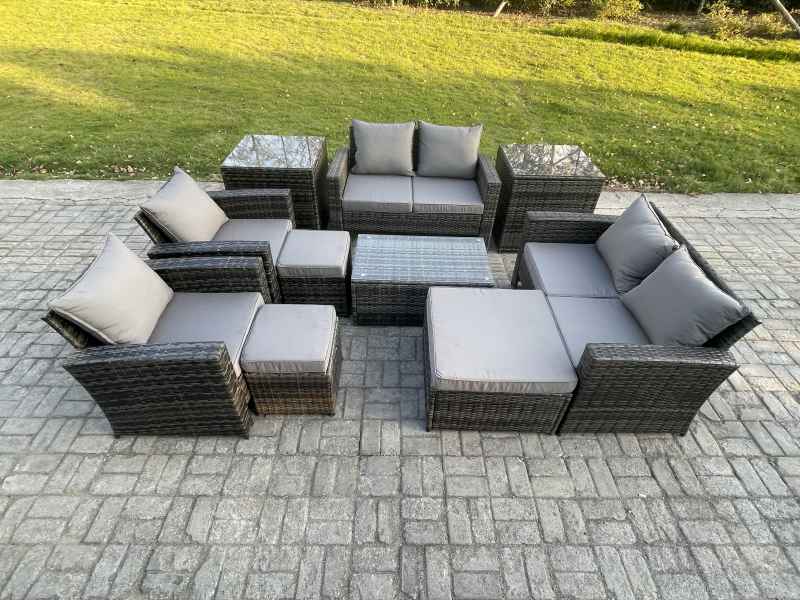 Fimous Garden Furniture Sets 10 Pieces Outdoor Rattan Furniture Manual Wicker Patio Sofa Chair Set with Coffee Table 3 Footstools 2 Side Tables Dark Grey Mixed