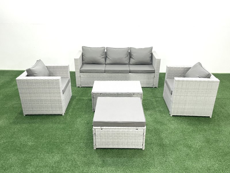 Fimous Rattan Garden Furniture Set with 3 Seater Sofa 2 Chair Rectangular Coffee Table Big Footstool Light Grey Mixed 6 Seater