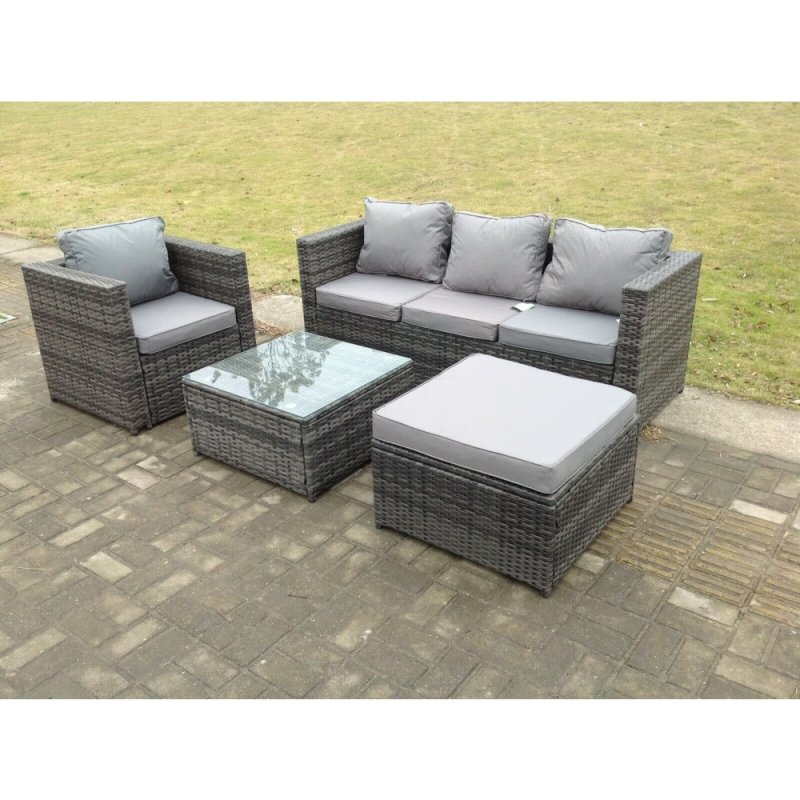 Fimous Lounge Dark Mixed Grey Rattan Sofa Set With Tables Stool Outdoor Garden Furniture Patio 5 Seater