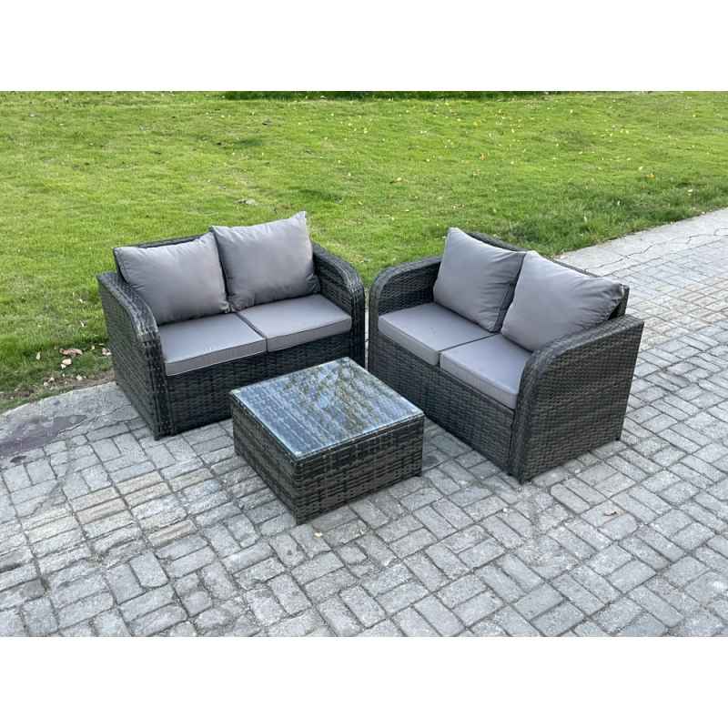 Fimous Rattan Sofa Set Outdoor Garden Furniture Set with Square Coffee Table Loveseat Sofa Dark Grey Mixed