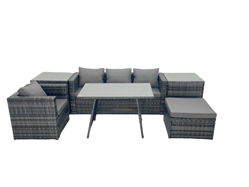 Fimous Outdoor Dining Table Sofa Armchair Set with 2 Side Tables Big Footstool Garden Furniture Set Dark Grey Mixed