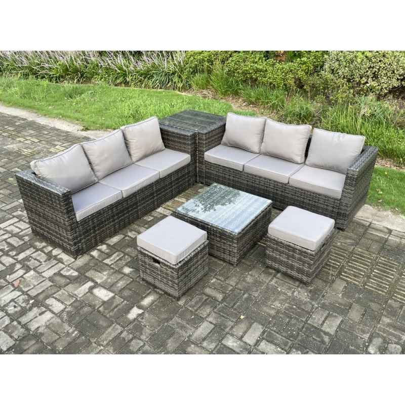Fimous 8 Seater Rattan Garden Furniture Sofa Set with Side Table Square Coffee Table 2 Small Footstool Indoor Outdoor Rattan Set Dark Grey Mixed