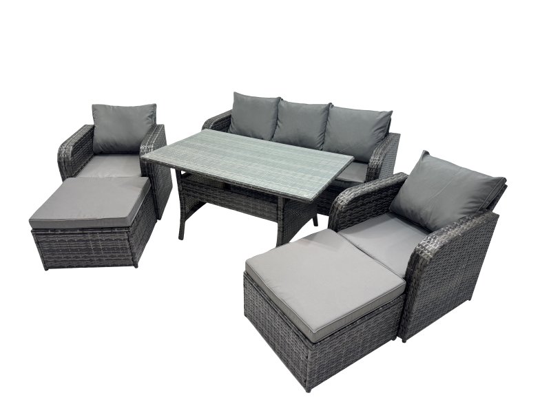 Fimous 7 Seat Outdoor Wicker PE Rattan Garden Furniture Set Dining Table Sofa Set with 2 Big Stool Dark Grey Mixed