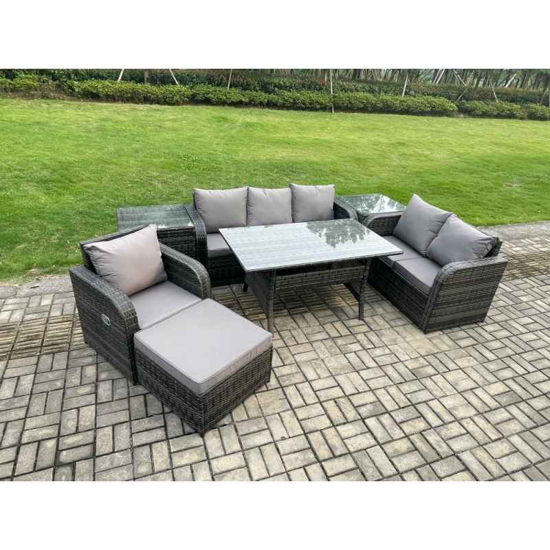 Fimous 7 Piece Rattan Garden Furniture Set with Patio Sofa Rectangular Dining Table 2 Side Table Big Footstool Indoor Conservatory Patio Set