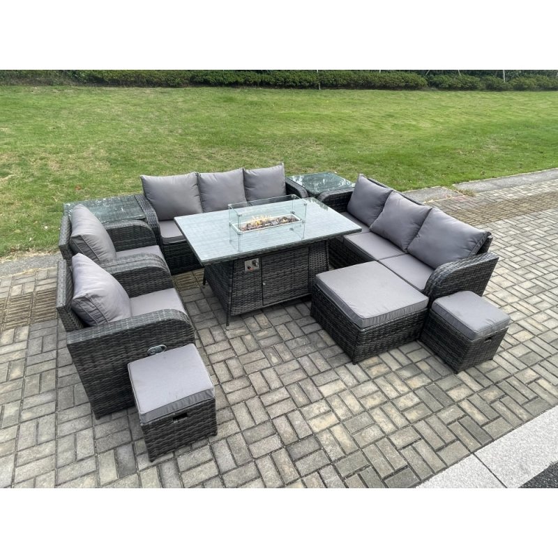 Fimous Wicker Rattan Garden Furniture Set Gas Fire Pit Dining Table Indoor Outdoor with 2 Side Tables Chair Loveseat Sofa 3 Footstools