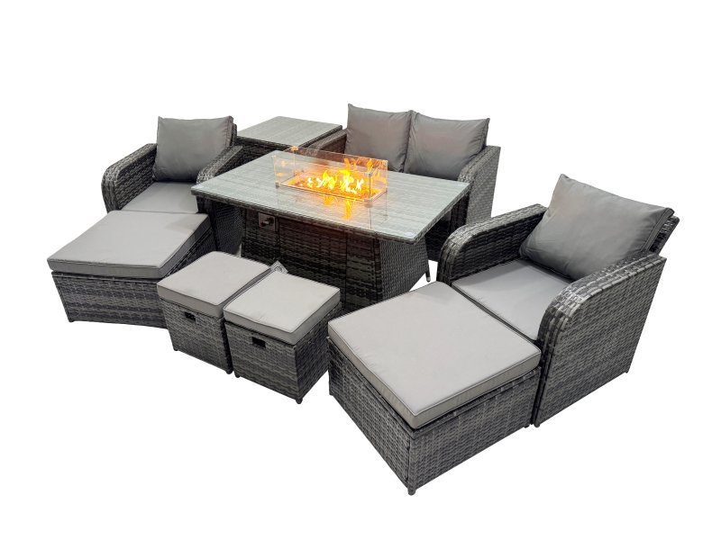 Fimous Garden Outdoor Rattan Furniture Set Rattan Reclining Chair Love Sofa with 2 Big Stool Dark Grey Mixed