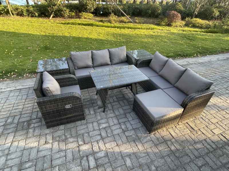 Fimous Outdoor Lounge Sofa Set Wicker PE Rattan Garden Furniture Set with Rectangular Dining Table Reclining Chair 2 Side Tables Big Footstool Dark Grey Mixed