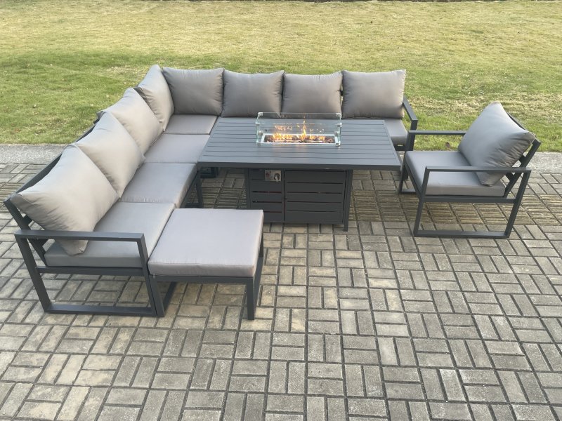 Fimous Aluminium 9 Seater Garden Furniture Outdoor Set Patio Lounge Sofa Gas Fire Pit Dining Table Set with Chair Big Footstools Dark Grey
