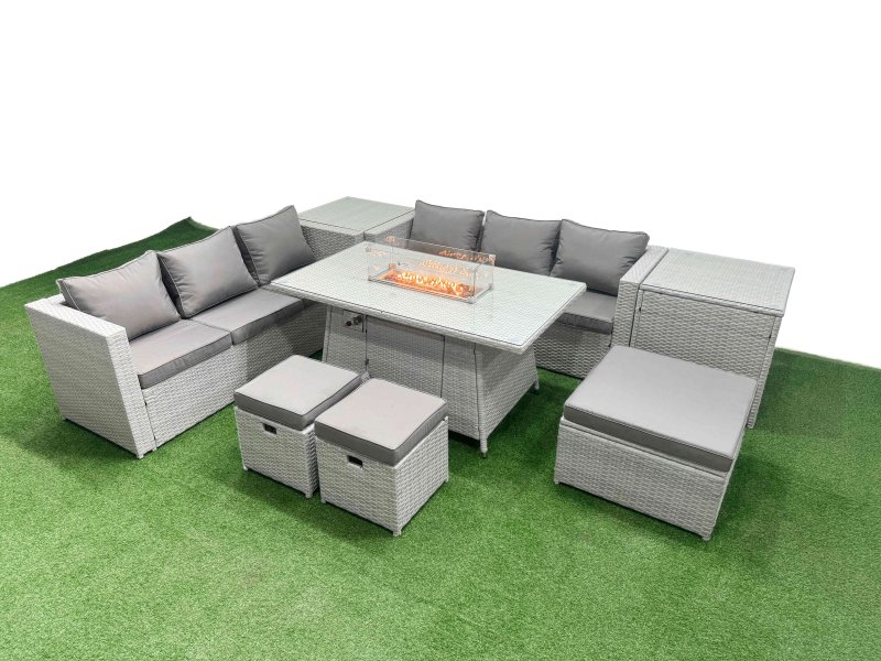 Fimous 9 Seat PE Rattan Lounge Sofa Set Outdoor Garden Furniture Set with Firepit Dining Table 3 Seater Sofa 3 Stools 2 Side Tables Light Grey