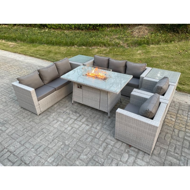 Fimous Light Grey Rattan Fire Pit Garden Furniture Set Gas Heater Burner Lounge Sofa Dining Set 2 Side Coffee Table And Chairs