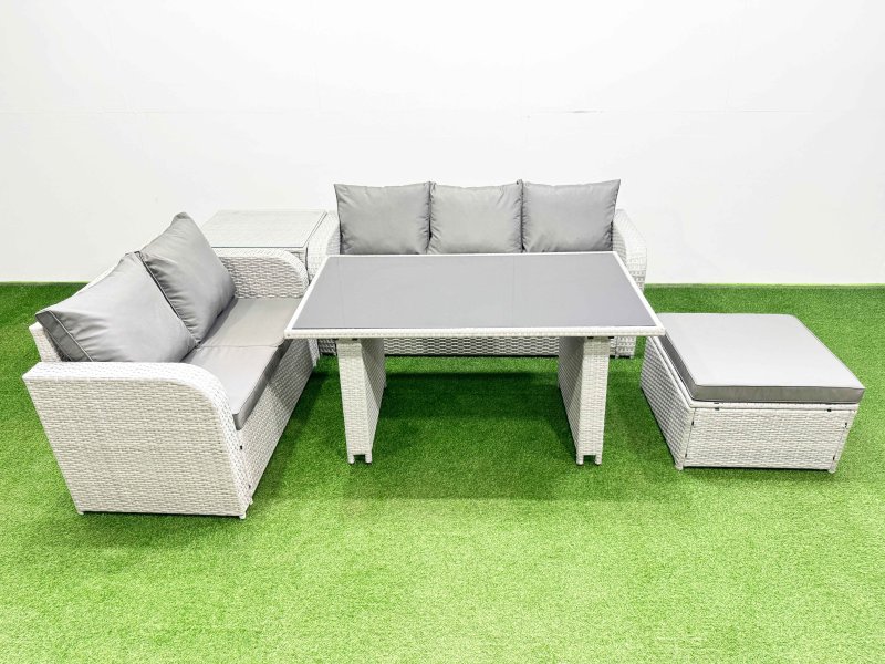 Fimous Garden Furniture Set PE Ratten Garden Sofa Set with Rectangular Dining Table Big Stool Side Table Light Grey