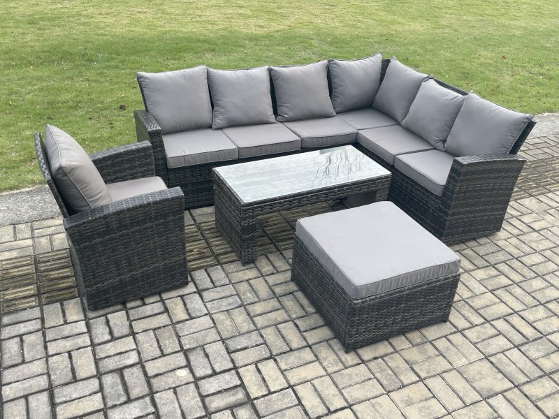 Fimous Rattan Corner Sofa Garden Furniture Set with Big Footstool Rectangular Coffee Table Armchair with Cushion Dark Grey Mixed