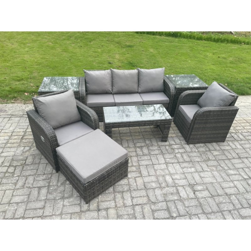 Fimous 6 Seater Rattan Garden Furniture Set with Rectangular Coffee Table 2 Side Tables Big Footstool Patio Outdoor Rattan Set