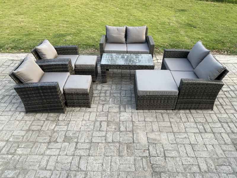Fimous 9 Seater Dark Grey Mixed High Back Rattan Sofa Set Coffee Table Garden Furniture Outdoor Patio With Love Sofa Arm Chairs 3 Footstools