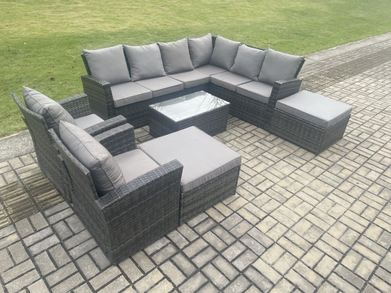Fimous 10 Seater High Back Outdoor Garden Furniture Set Rattan Corner Sofa Set With Rectangular Coffee Table 2 Big Footstool 2 Armchairs Dark Grey Mixed