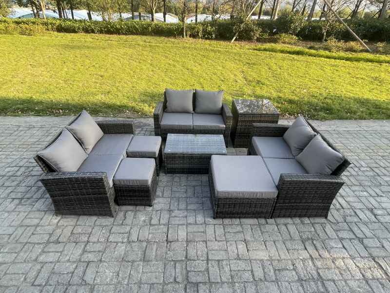 Fimous 8pc Rattan Sofa Garden Furniture Outdoor Patio Set with Side Table 3 Footstools Double Seat Sofa Dark Grey Mixed