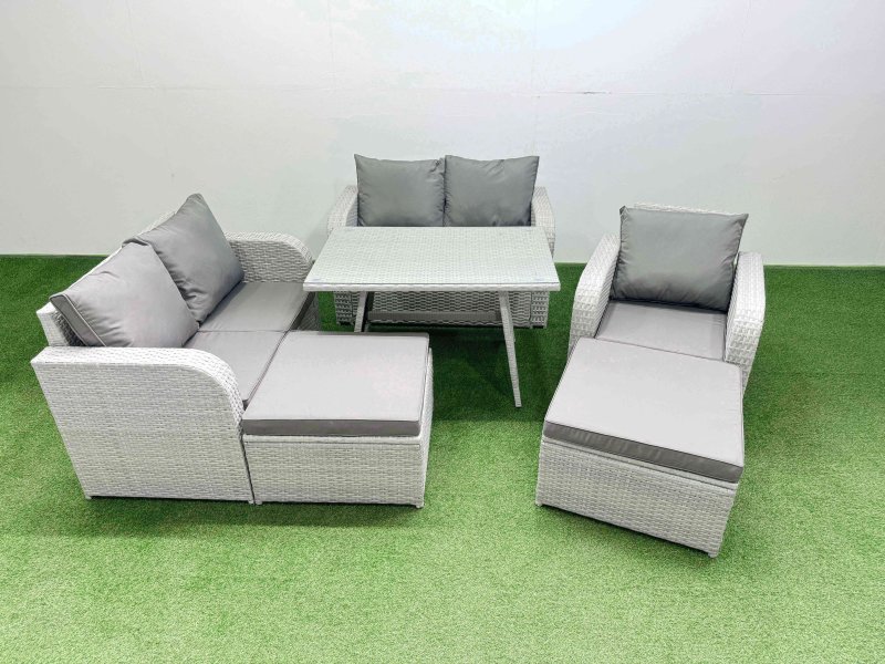 Fimous 7 Seater Outdoor Rattan Garden Furniture Set Love Sofa Reclining Chair Set with Rectangular Dining Table 2 Big Footstools Light Grey
