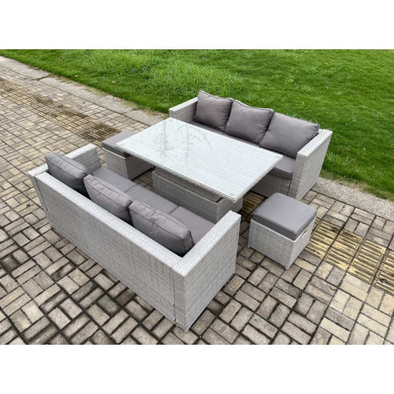 Fimous Outdoor Rattan Garden Funiture Set Height Adjustable Rising Lifting Table Sofa Dining Set with 2 Small Footstools